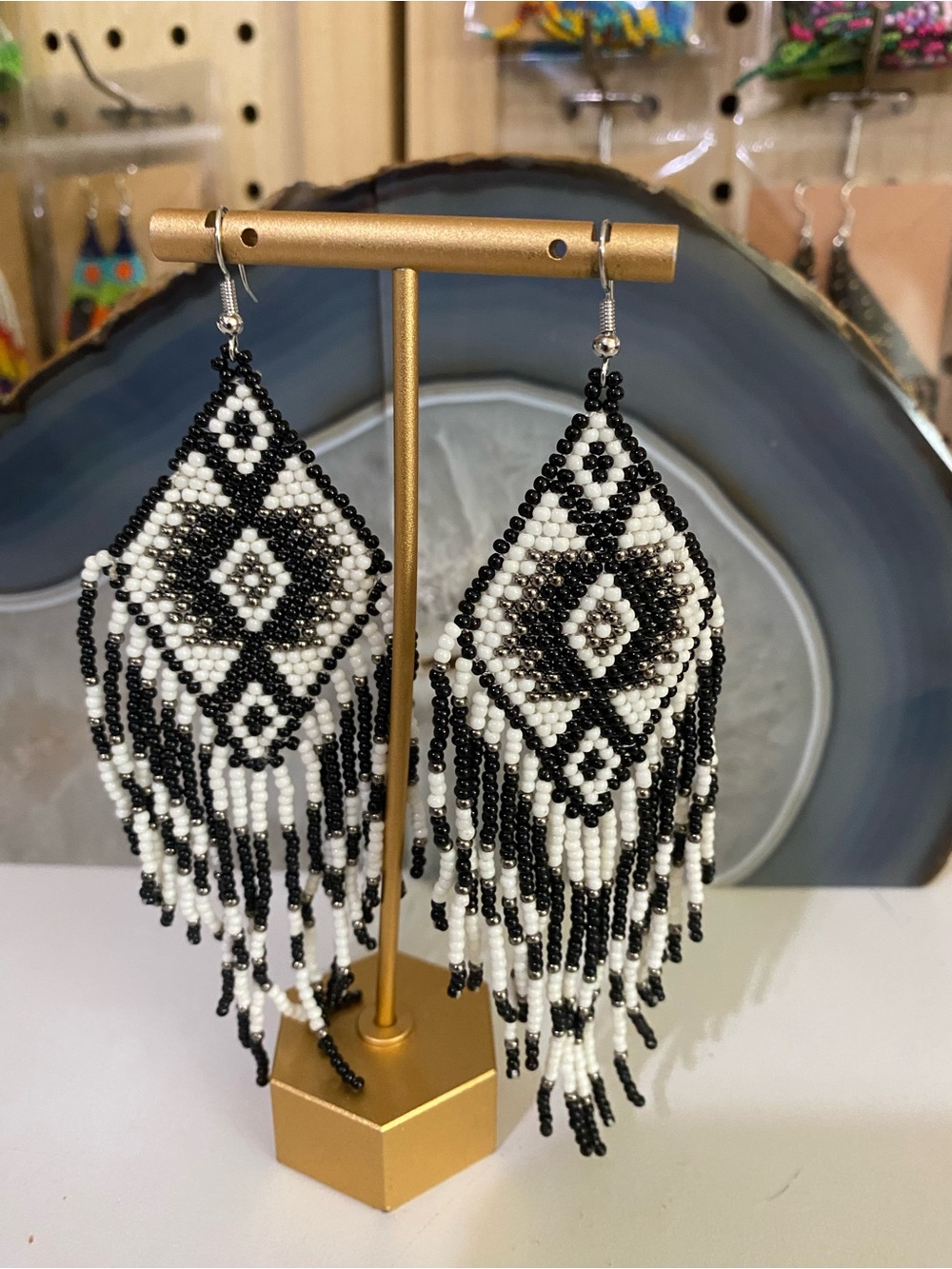 Black & White Beaded Fringe Drop Earrings - Women Jewelry